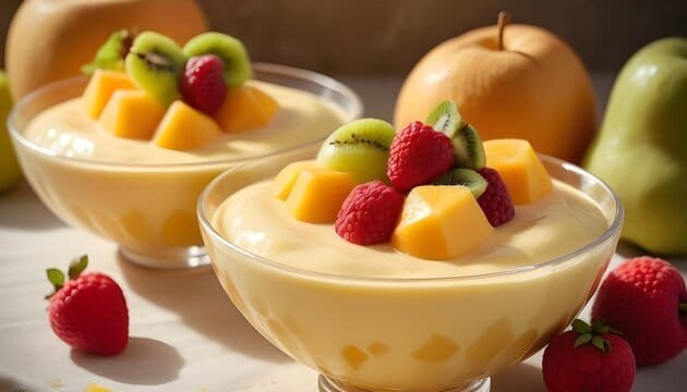 "Creamy Custard Dessert with Fresh Fruit Topping"