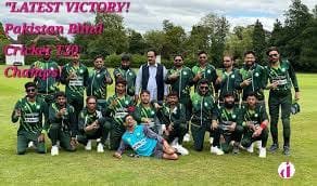"Pakistan Blind Cricket Team celebrates their T20 Championship win with trophies and smiles"