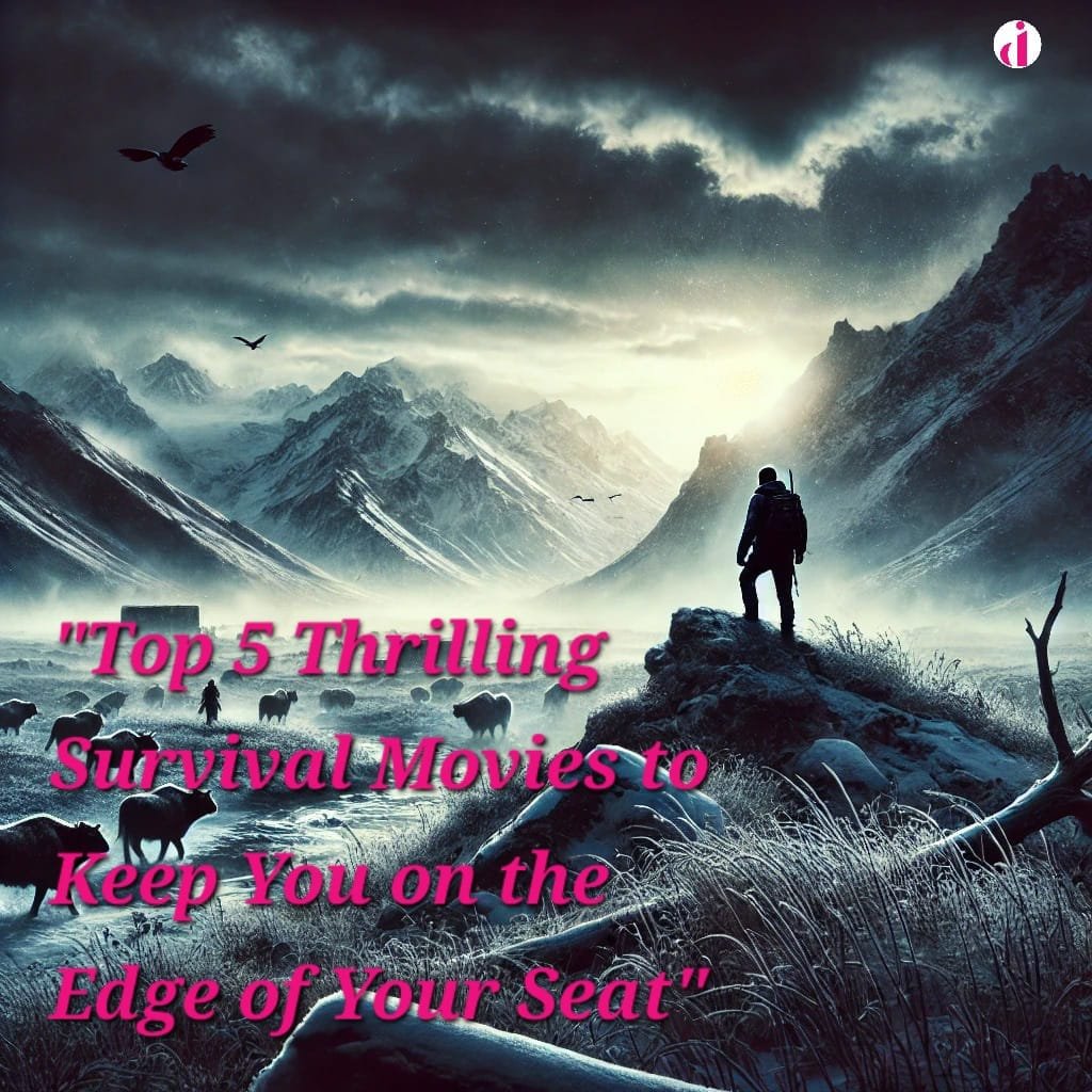 "A cinematic collage representing top survival movies, including intense scenes from 'The Revenant,' 'The Martian,' 'Cast Away,' 'Into the Wild,' and 'WALL-E,' showcasing the thrill and resilience of characters in extreme survival situations."