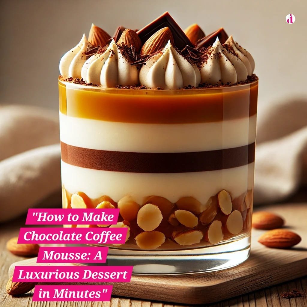 "Chocolate coffee mousse dessert with layers of dark chocolate mousse, vanilla mousse, and caramel coffee mousse, topped with chopped almonds and chocolate shavings."