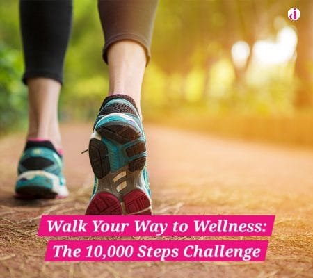"A person walking on a scenic trail wearing comfortable shoes, symbolizing the benefits of walking 10,000 steps daily for health and wellness."