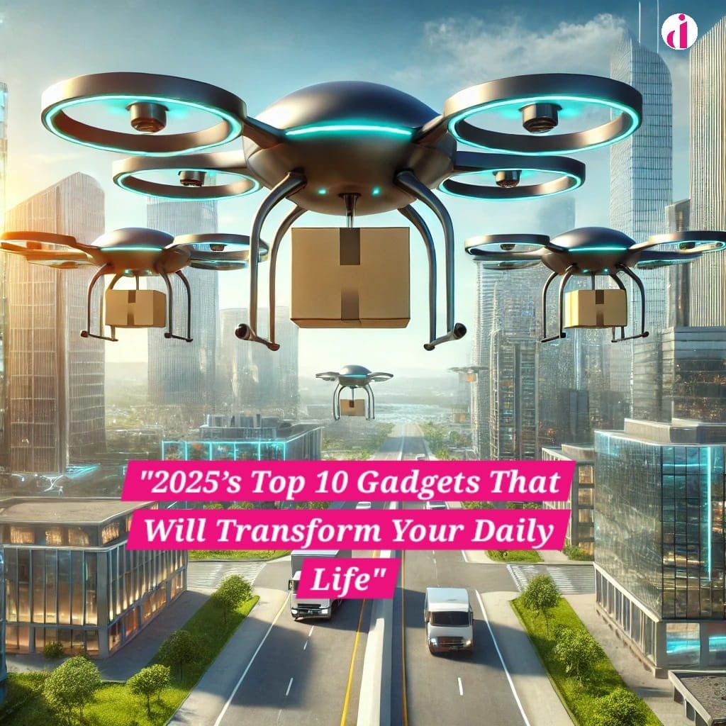 "Futuristic drones with glowing blue lights flying over a modern city, carrying delivery packages. Below, autonomous delivery trucks drive on a clean urban street surrounded by sleek glass buildings and greenery, symbolizing advanced AI-driven logistics in a smart city."