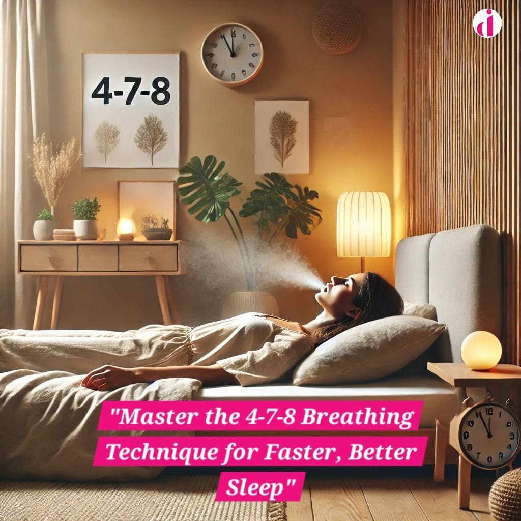 "Person practicing the 4-7-8 breathing technique in a cozy bedroom with dim lighting, natural decor, and a serene atmosphere, promoting relaxation and better sleep."