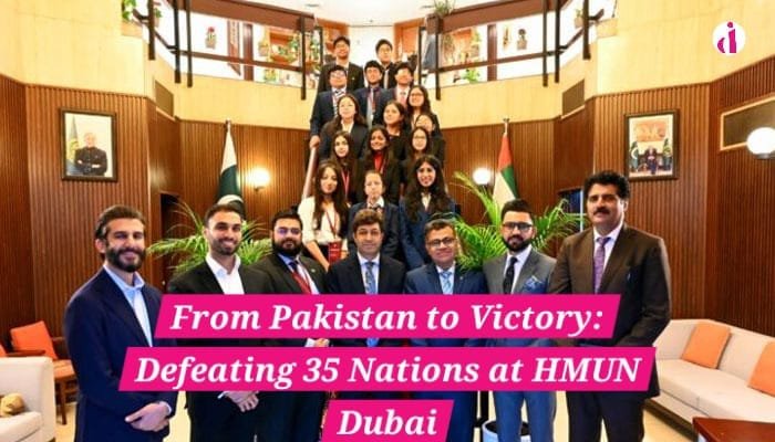 "Group photo of Pakistani students and officials standing in a formal setting during the HMUN Dubai 2025 event."