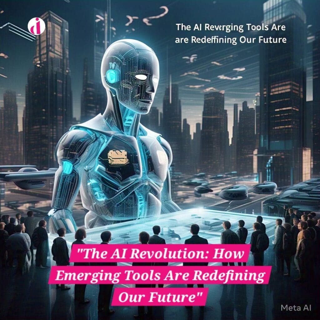 "Futuristic AI robot interacting with humans in a high-tech cityscape with glowing circuits and skyscrapers."