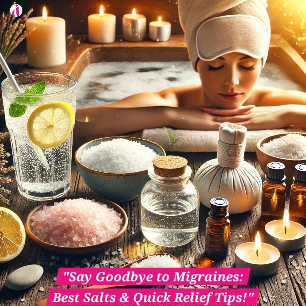 A relaxing setup for migraine relief using Himalayan pink salt, Epsom salt, sea salt, essential oils, and a soothing compress.