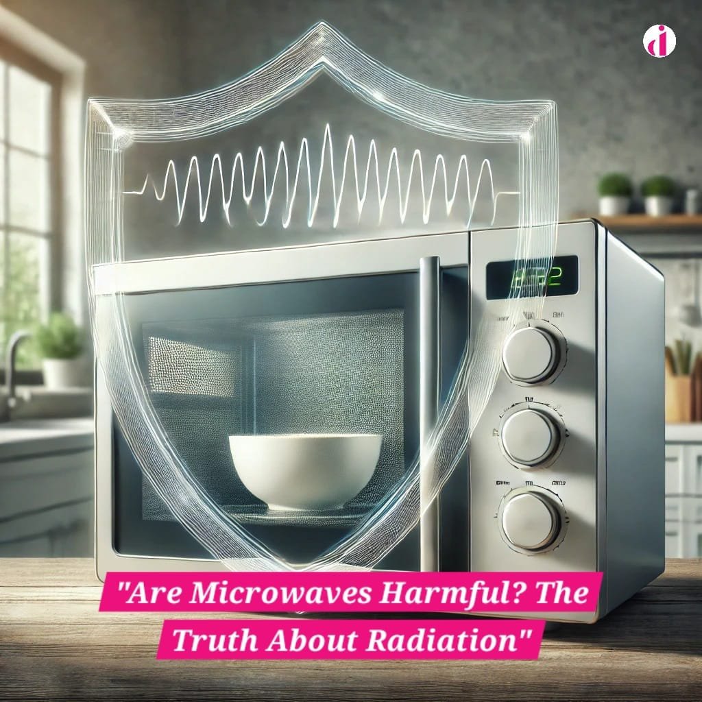 "A modern kitchen with a microwave oven slightly open, showing food inside, with a radiation safety shield overlay."