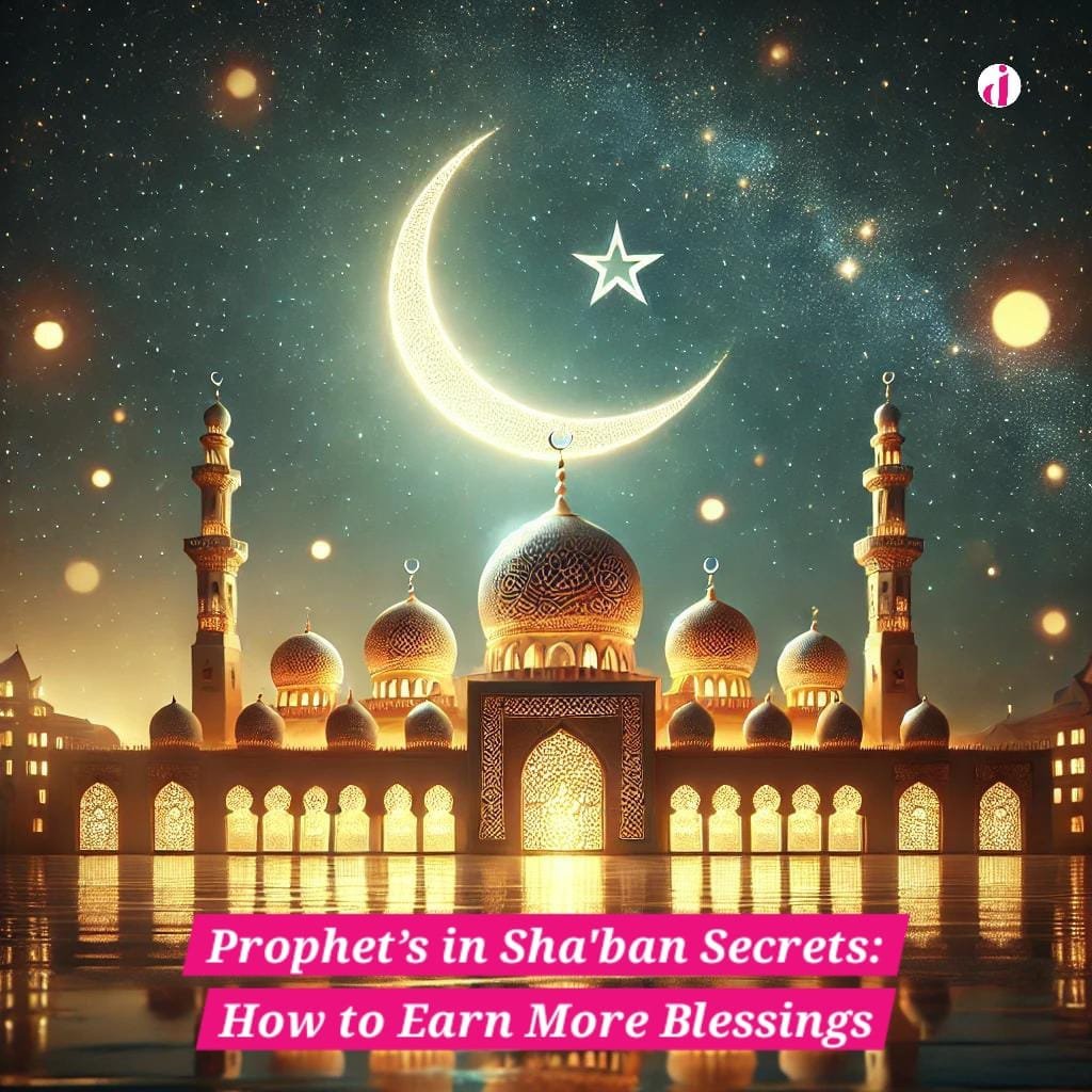 A peaceful Islamic night scene featuring a glowing crescent moon and a beautifully lit mosque under a starry sky, symbolizing the spiritual essence of Sha'ban.