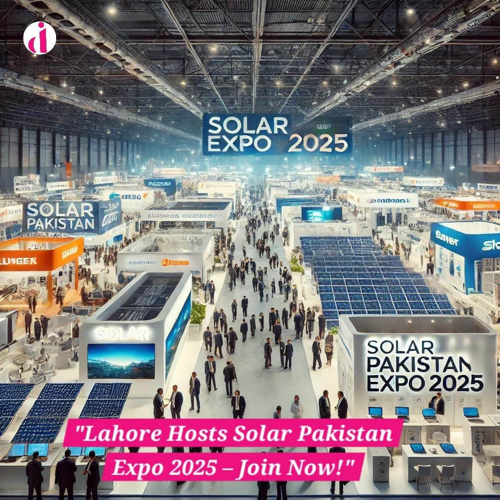 A vibrant scene from Solar Pakistan Expo 2025 at Expo Center Lahore, showcasing the latest solar energy innovations, including solar panels, inverters, and energy storage solutions.