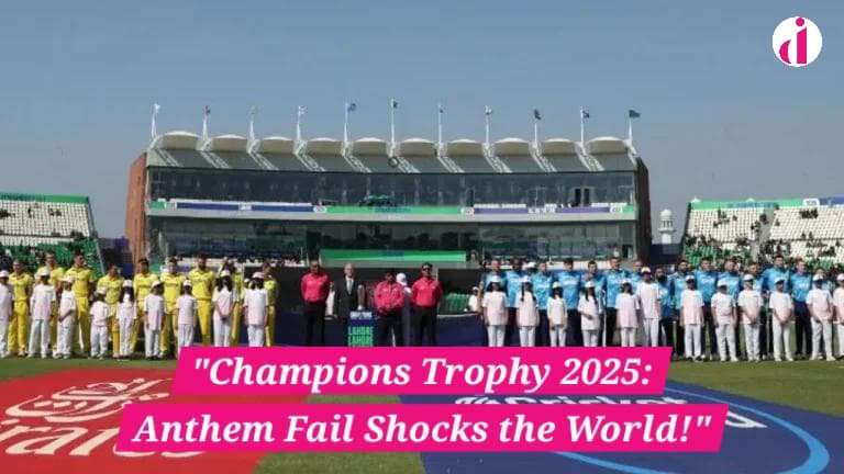 "Champions Trophy 2025 anthem mix-up during Australia vs. England match at Gaddafi Stadium, Lahore. Players stand confused as the wrong national anthem plays."