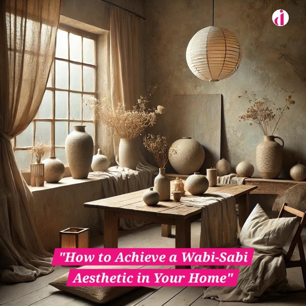 Serene Wabi-Sabi-inspired home interior with natural materials, warm lighting, and minimalist decor embracing simplicity and imperfection.