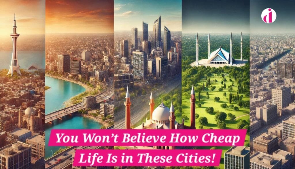 A stunning cityscape of Karachi, Lahore, and Islamabad, highlighting their affordability and vibrant urban life in 2025.
