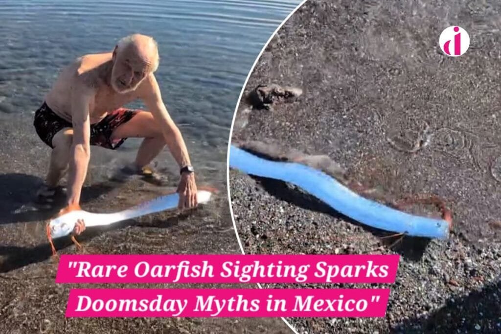 Rare oarfish sighting on a beach in Mexico, sparking doomsday myths. A man holds the deep-sea fish near the shoreline.