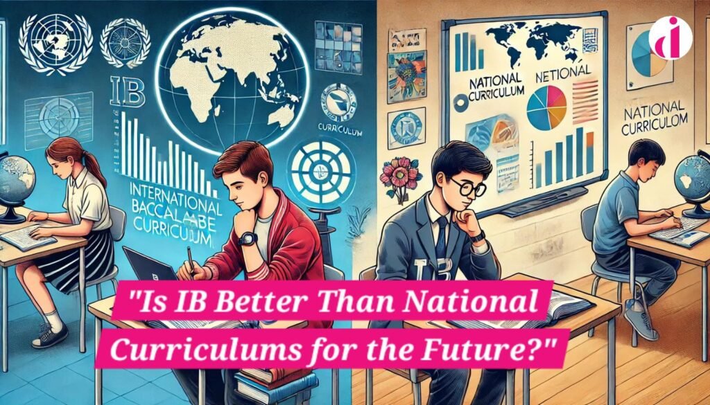 Side-by-side comparison of an IB student working on a research project and a national curriculum student memorizing from a textbook in a modern classroom.