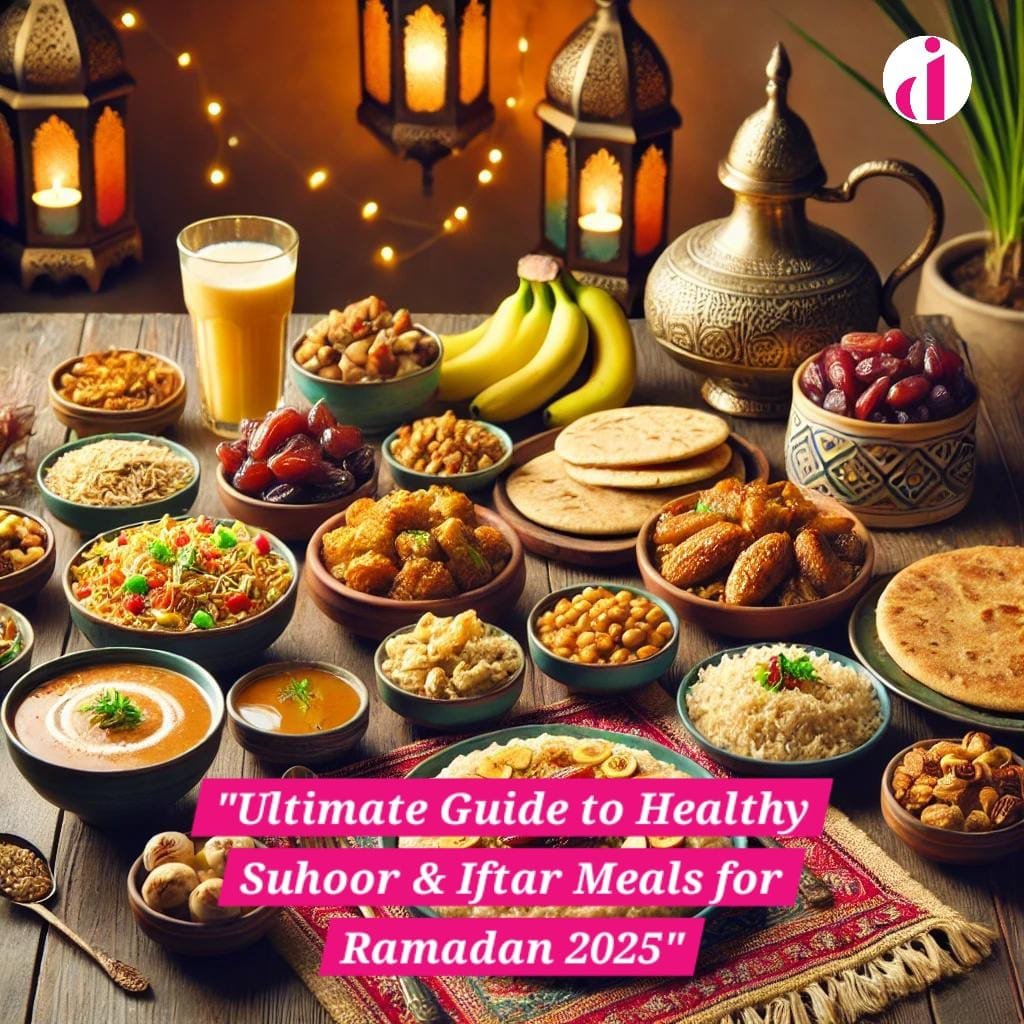 A beautifully arranged traditional Pakistani Suhoor and Iftar meal for Ramadan, featuring healthy dishes like daliya, whole wheat roti, grilled chicken, air-fried pakoras, and refreshing Rooh Afza with lemon water.