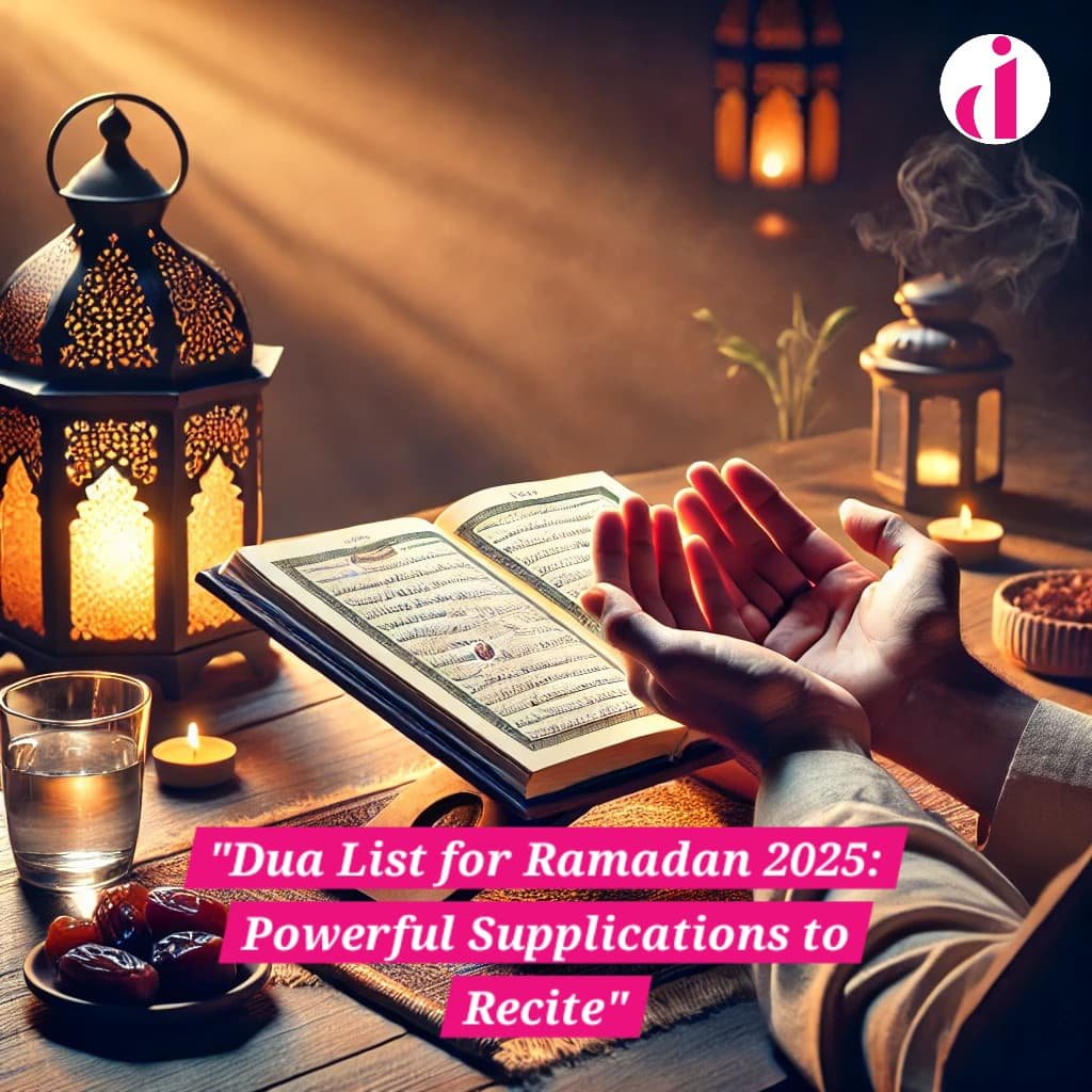 A serene Ramadan setting with an open Quran on a wooden stand, warm lanterns, and hands raised in dua, symbolizing spirituality and devotion.