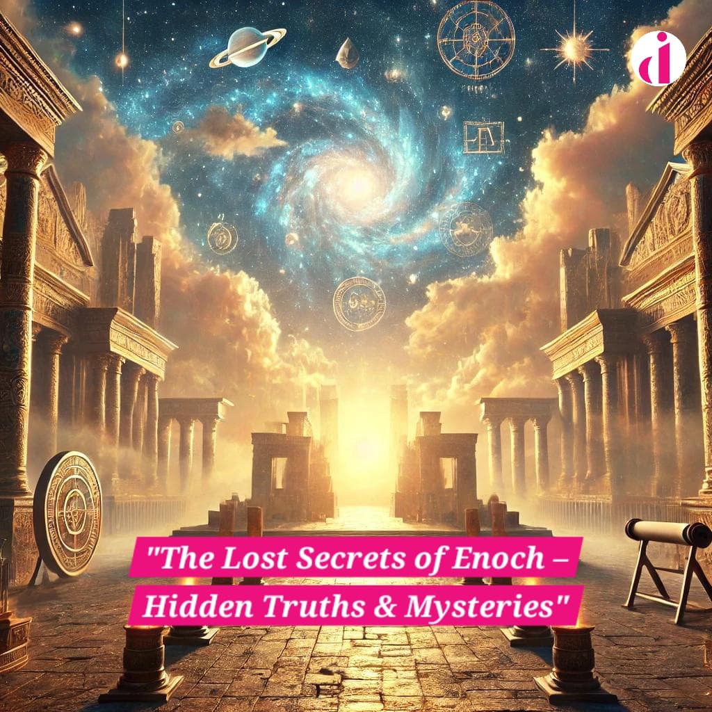 A mystical ancient city with celestial skies, representing knowledge, wisdom, and divine enlightenment, inspired by the era of Prophet Idris (Enoch).