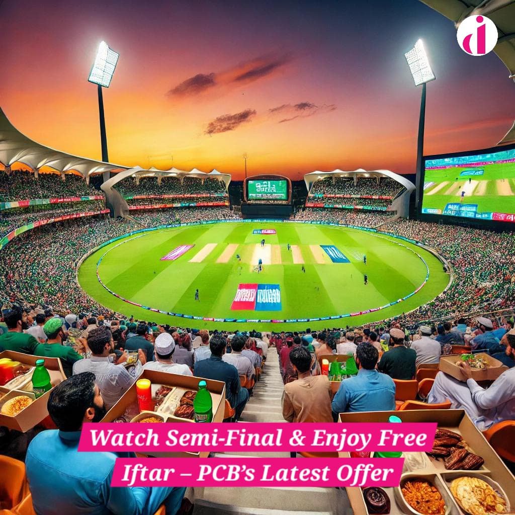 Cricket fans enjoying free Iftar at Gaddafi Stadium during the Champions Trophy 2025 semi-final at sunset.
