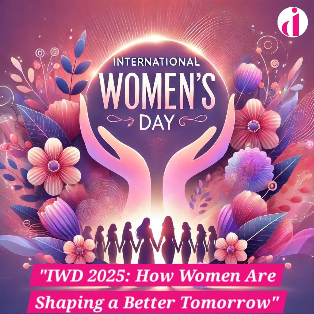 "Elegant International Women's Day 2025 image with a pink and purple gradient background, glowing text, floral elements, and silhouettes of diverse women holding hands in unity."