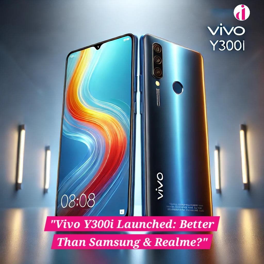 Vivo Y300i smartphone featuring a sleek design, 6.68-inch HD+ display, and a glossy back with a dual-camera setup.