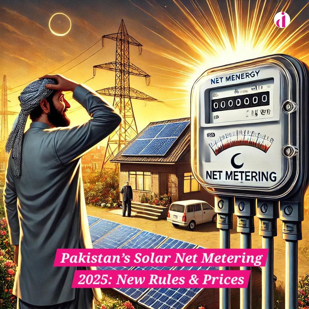 Solar panels on a Pakistani home with a net metering meter displaying energy readings, and a concerned homeowner observing the changes.