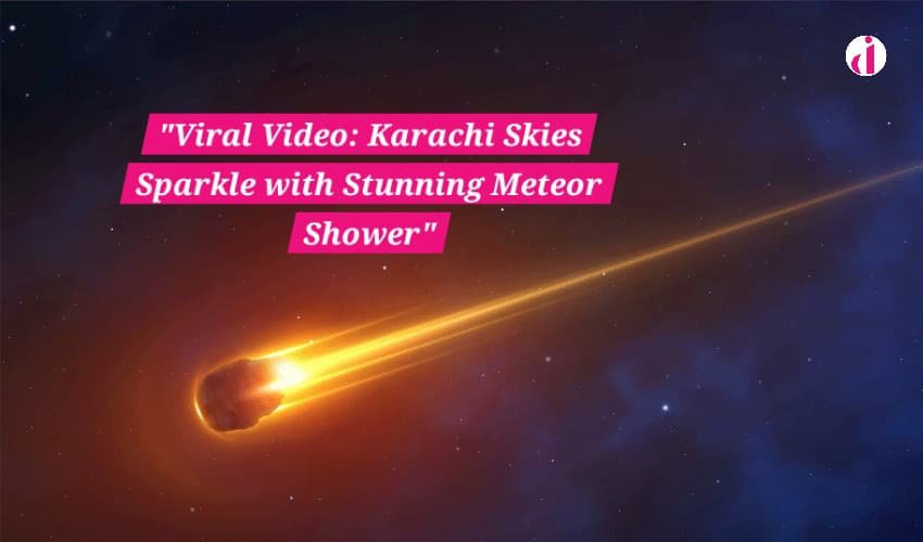 A stunning meteor shower illuminates the night sky over Karachi, with bright meteors streaking across the sky above the city skyline.