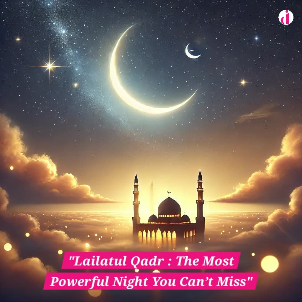 A serene night sky with a glowing crescent moon, twinkling stars, and an illuminated mosque, symbolizing the spiritual essence of Lailatul Qadr.