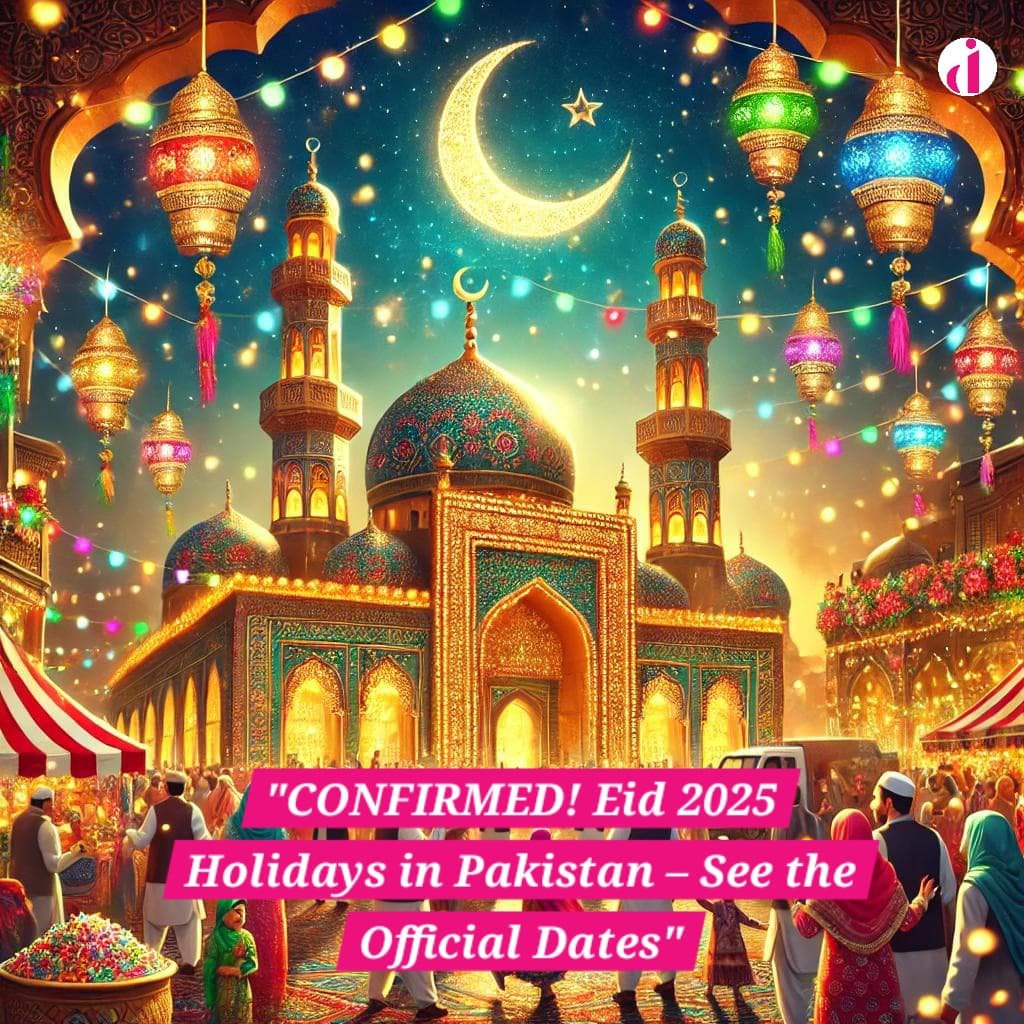 Festive celebration of Eid ul Fitr 2025 in Pakistan with a decorated mosque, crescent moon, and people enjoying the occasion.