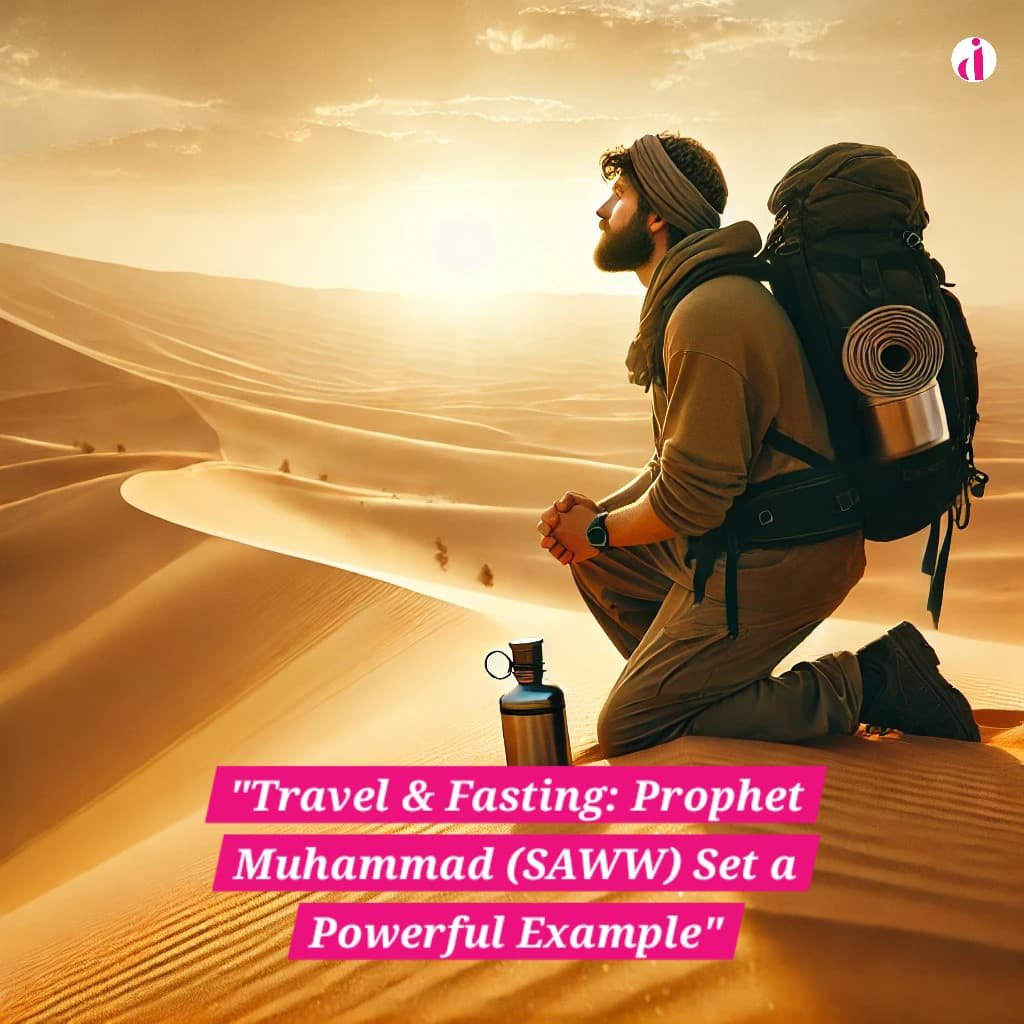 A traveler fasting in the desert, walking with a backpack under the sun, symbolizing endurance and faith.