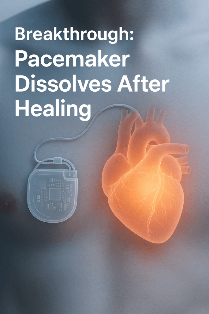 Image showing a medical breakthrough where a pacemaker dissolves after healing, symbolizing advances in biomedical technology.