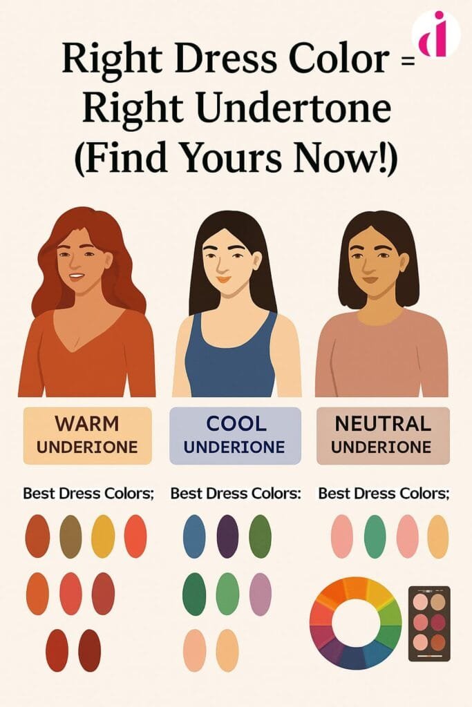 "Infographic showing four women with different skin undertones and matching dress colors for warm, cool, and neutral tones."