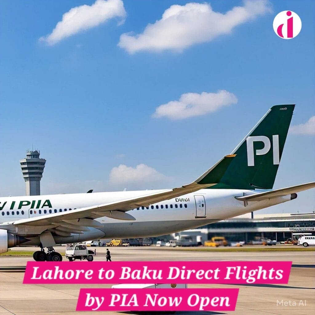 "PIA airplane flying with Lahore and Baku landmarks in the background, symbolizing direct flights between Lahore and Baku by Pakistan International Airlines."