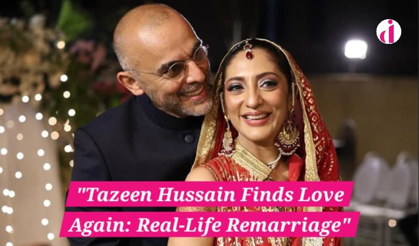 Tazeen Hussain smiles with her husband at their wedding ceremony.