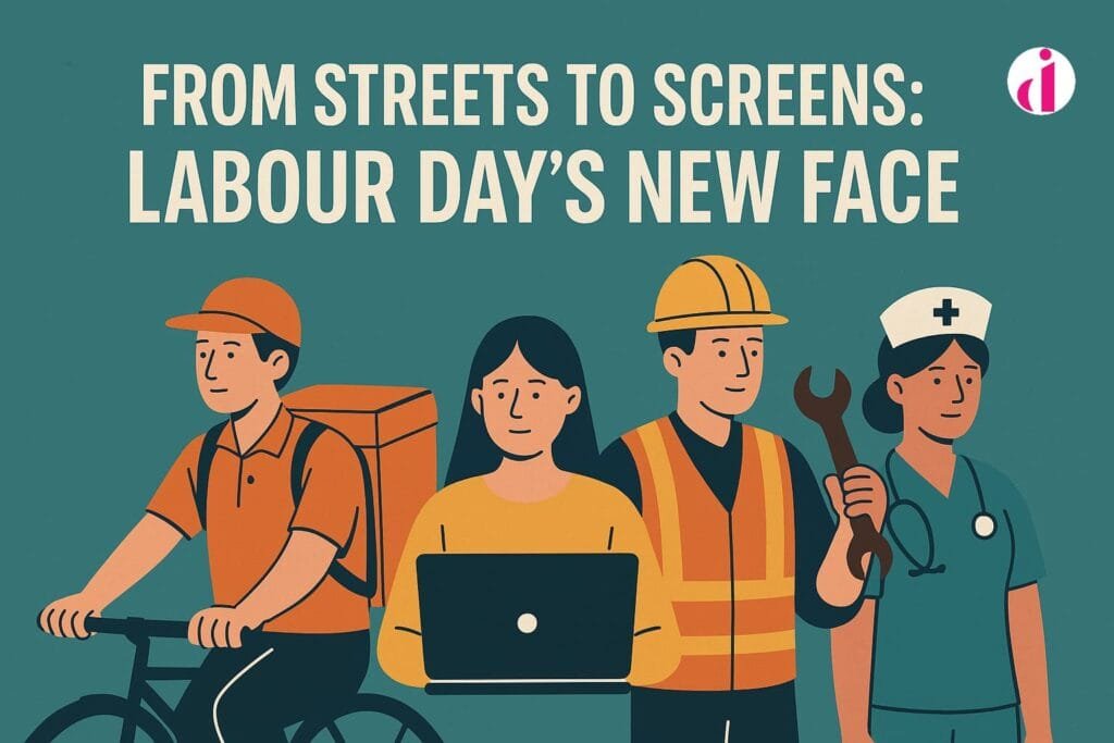 A diverse group of modern workers including a delivery rider, remote worker, construction laborer, and nurse under the title "From Streets to Screens: Labour Day’s New Face"