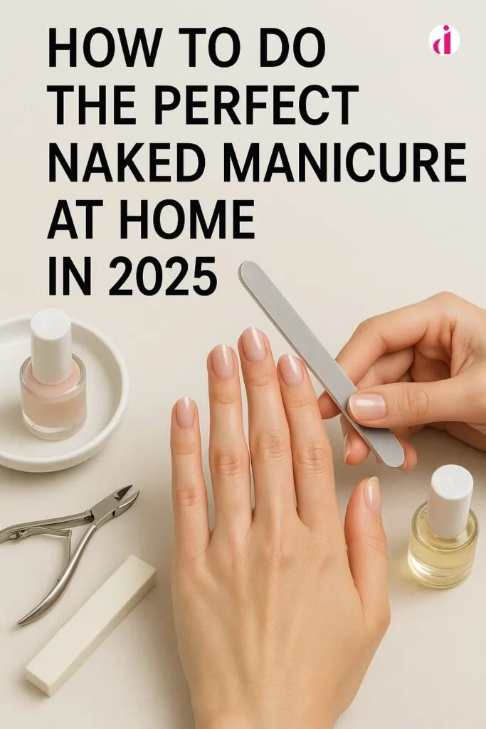A step-by-step guide to a perfect naked manicure at home, showing neatly manicured hands with nail care tools and nude polish in 2025.