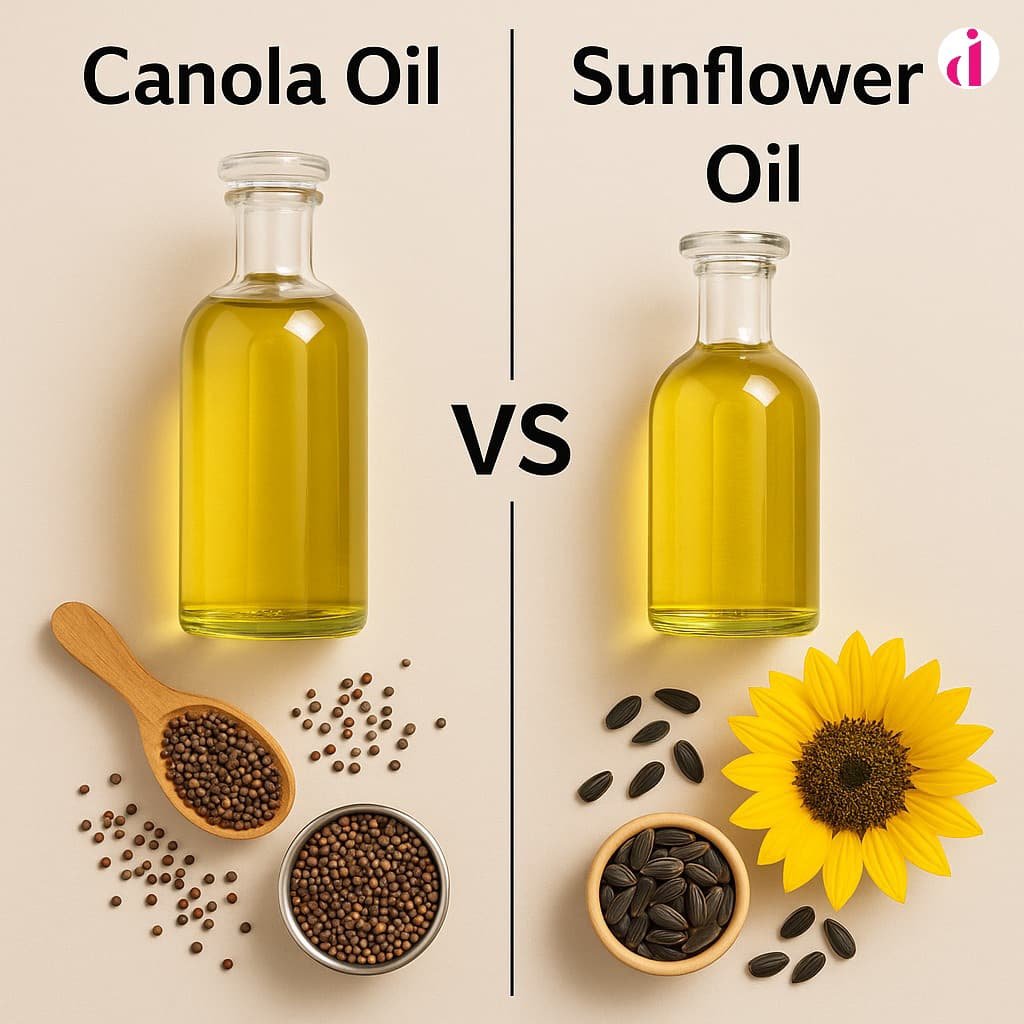 Comparative infographic of canola oil vs sunflower oil with bottles, seeds, and clear labels on a neutral background.