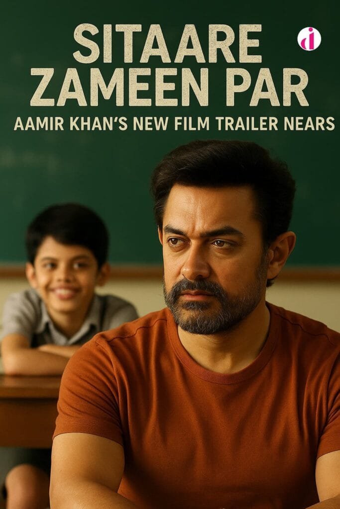 Aamir Khan in a classroom scene from the movie Sitaare Zameen Par, with a smiling young boy in the background.