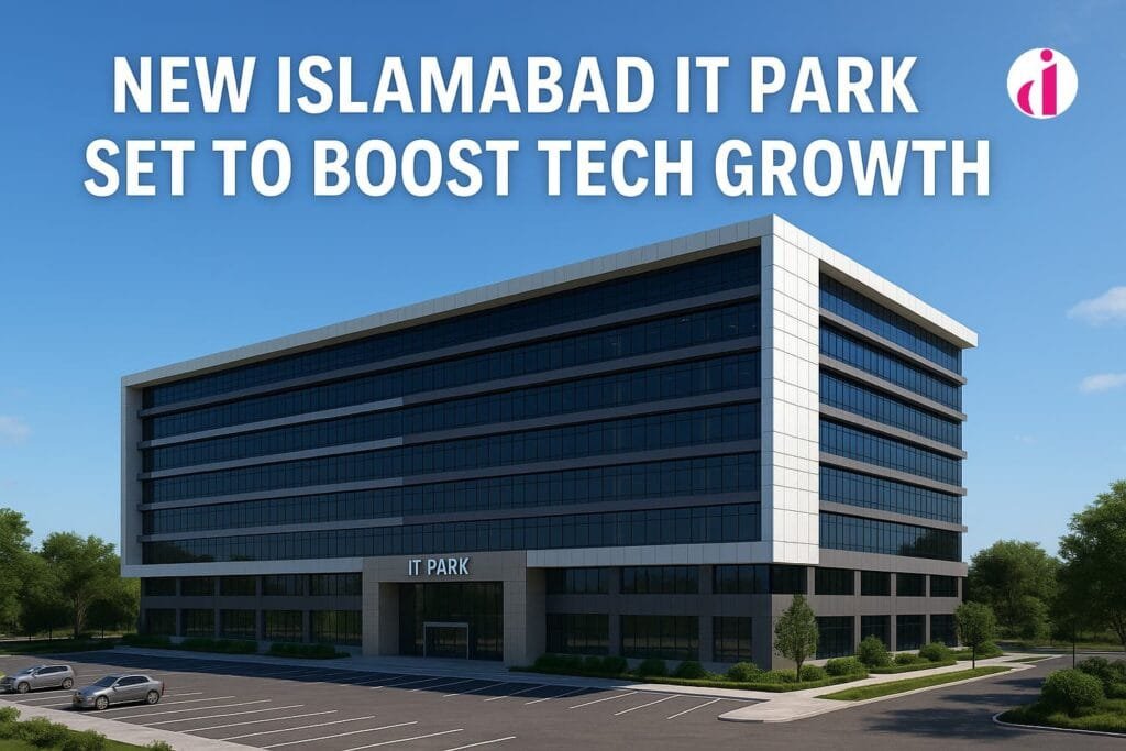 Modern Islamabad IT Park with sleek architecture and glass facade under a clear blue sky.