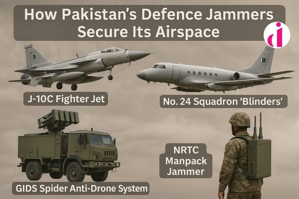 Advanced Defence Jammers of Pakistan including JF-17 Thunder, Dassault Falcon 20, GIDS Spider Anti-Drone System, and NRTC Manpack Jammer.