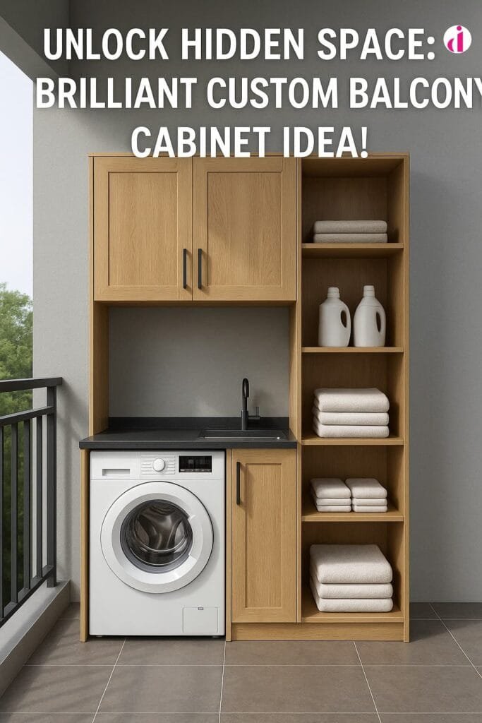 High-resolution image of a custom balcony cabinet with a laundry setup, featuring an oak-finished wooden design, a white washing machine, and lush greenery in the background.