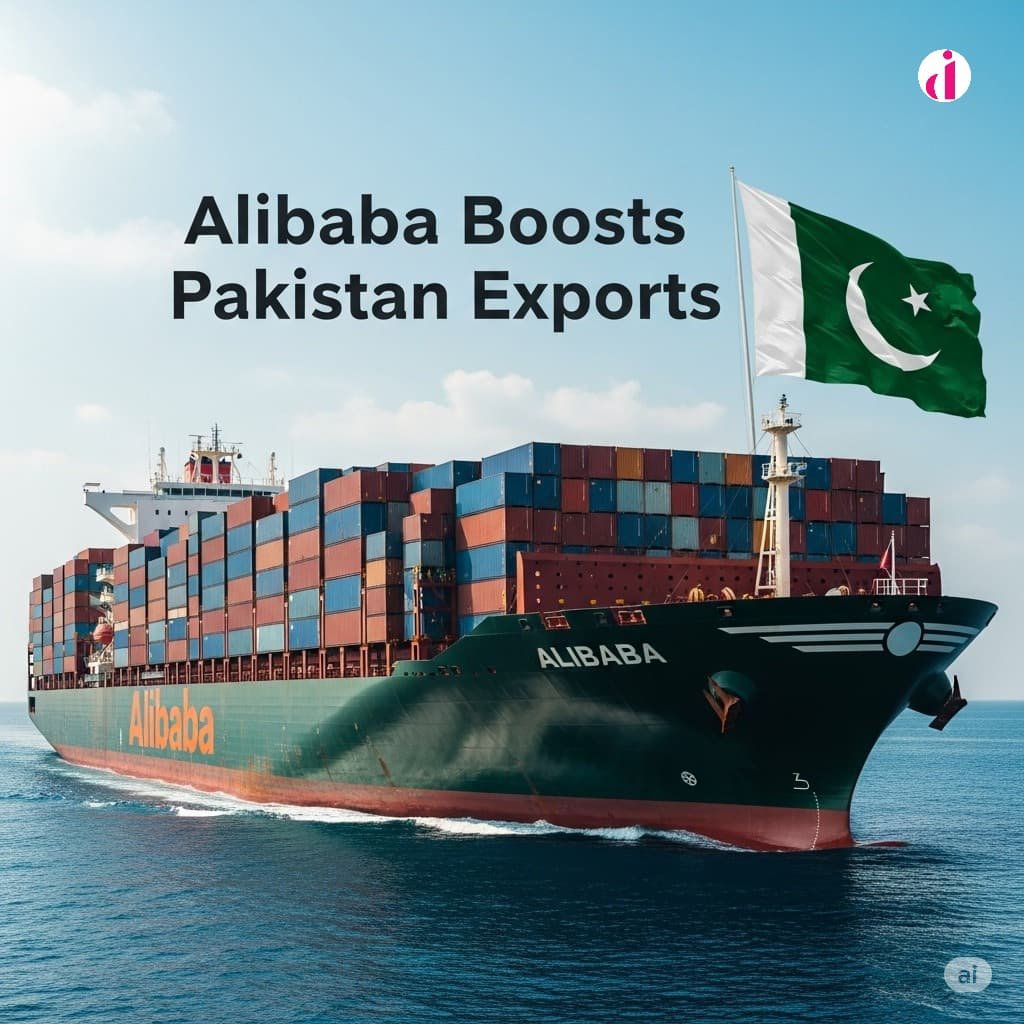 Container ship with "Alibaba" branding sailing on the ocean, flying the Pakistani flag. Text overlay reads "Alibaba Boosts Pakistan Exports"