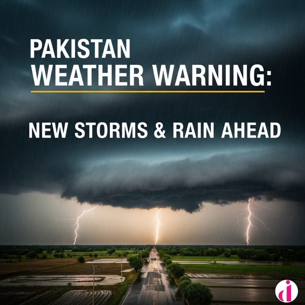 A dark and stormy sky with lightning striking over a rural landscape in Pakistan, with the text "PAKISTAN WEATHER WARNING: NEW STORMS & RAIN AHEAD" overlaid.