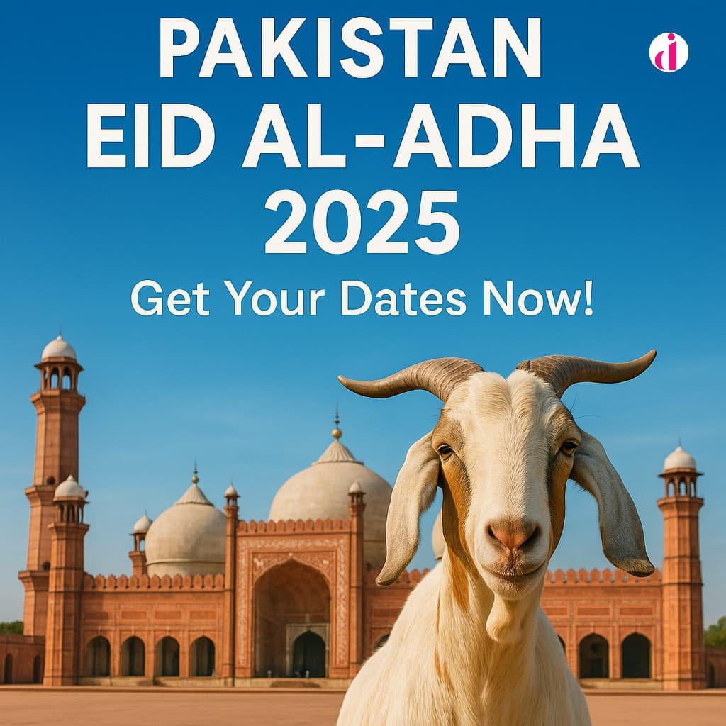 A promotional poster for Eid al-Adha 2025 in Pakistan featuring the Badshahi Mosque and a white goat.