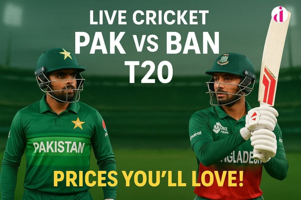 Pak vs. Ban T20 live cricket match promotional banner featuring players from both teams with text "Prices You'll Love!"