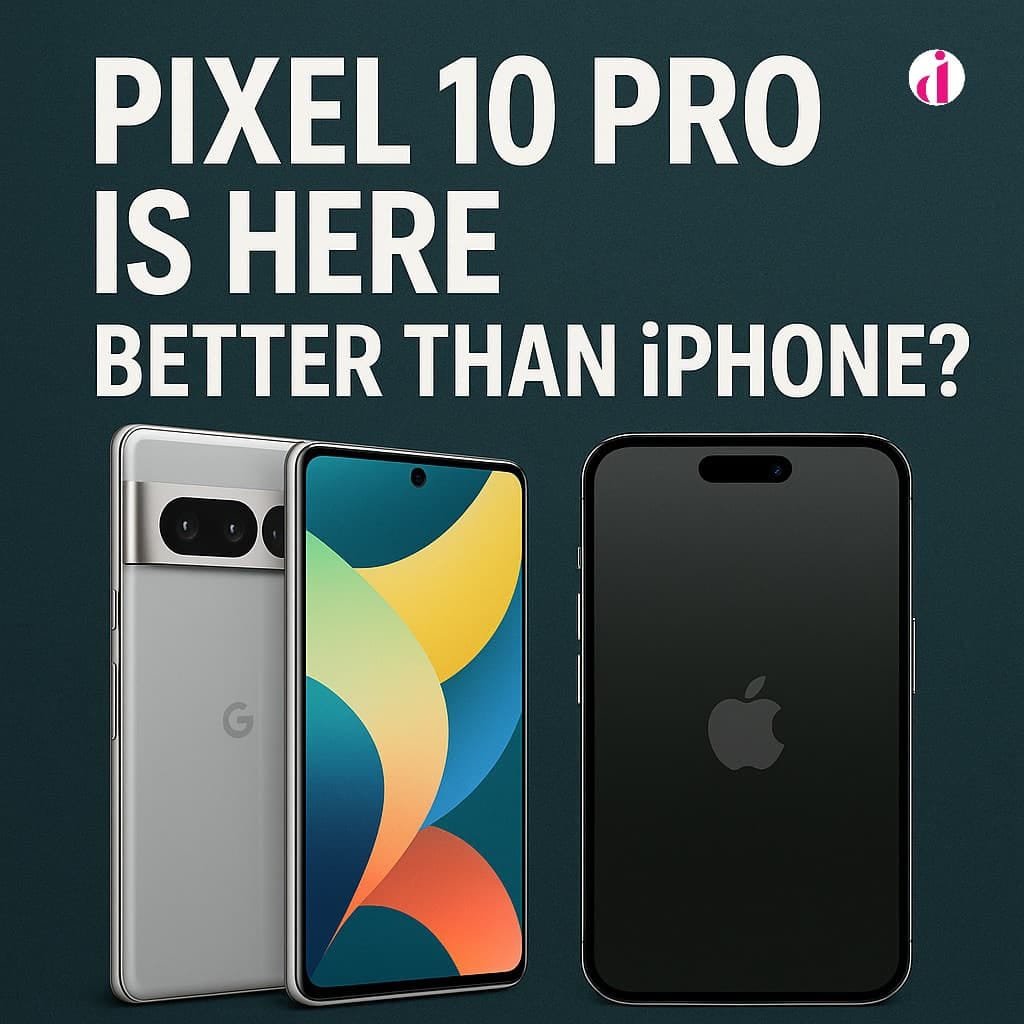 A digital graphic comparing the Google Pixel 10 Pro and iPhone side by side with the text "Pixel 10 Pro Is Here – Better Than iPhone?" above.