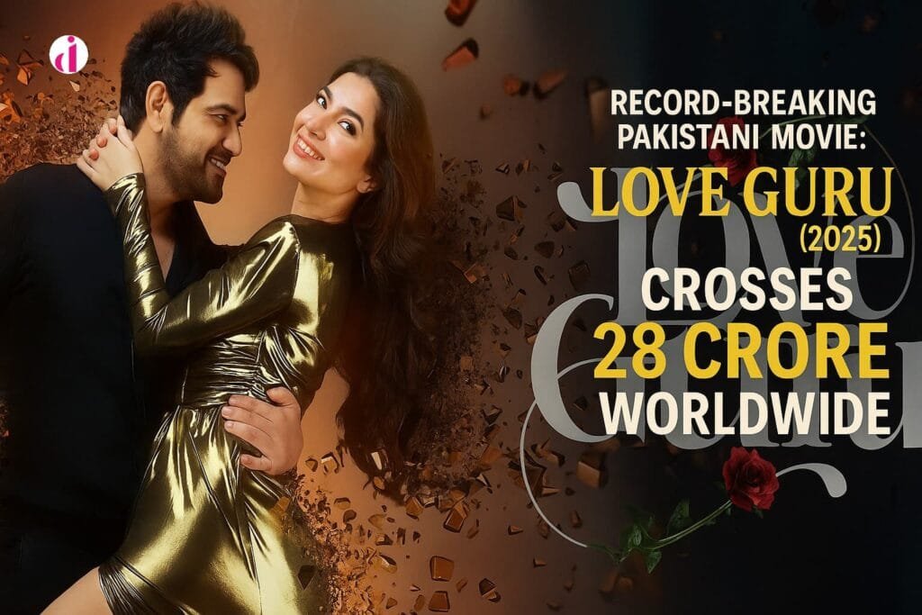 Humayun Saeed and Mahira Khan pose romantically in the poster for Love Guru (2025), celebrating the film’s record-breaking 28 crore worldwide earnings.