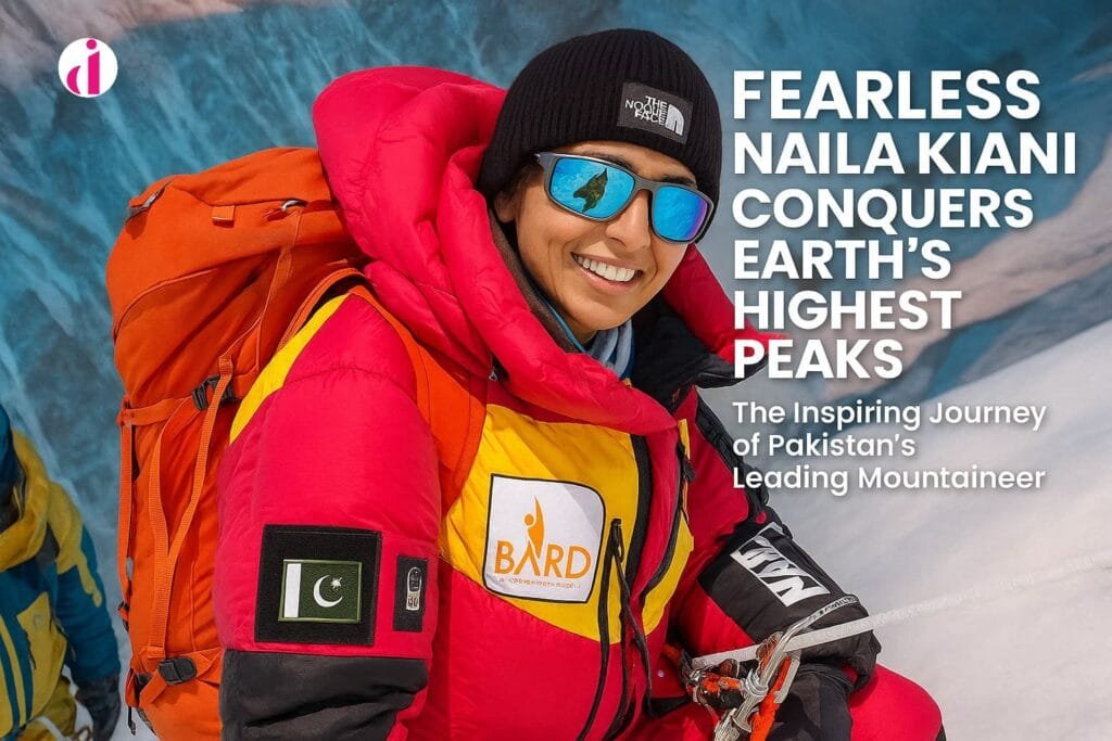 Pakistani mountaineer Naila Kiani smiles in climbing gear atop a glacier, wearing a vibrant jacket with the Pakistan flag.