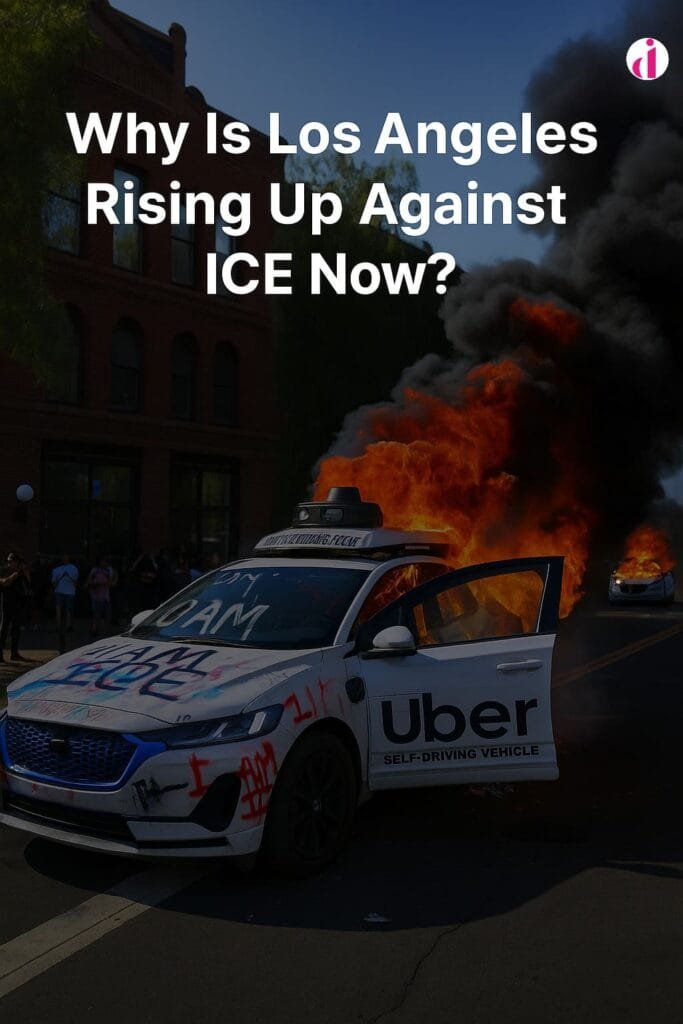 "Burning police cars covered in anti-ICE graffiti during Los Angeles immigration protest 2025 with crowds in the background and black smoke rising.