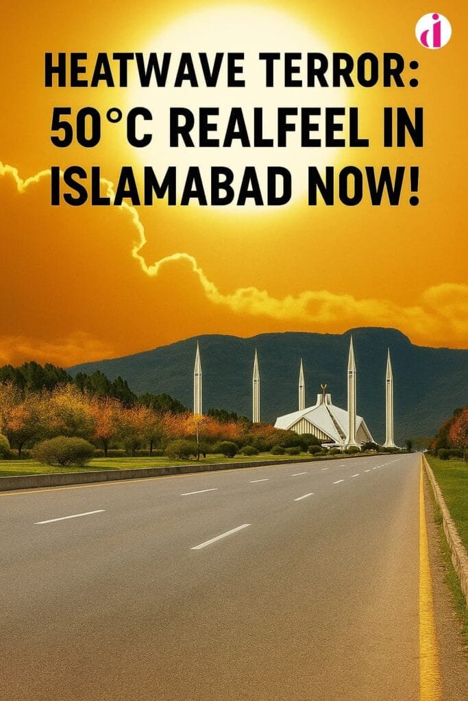 Islamabad highway leading to Faisal Mosque under an intense orange sky during a heatwave, symbolizing extreme 50°C RealFeel weather conditions.