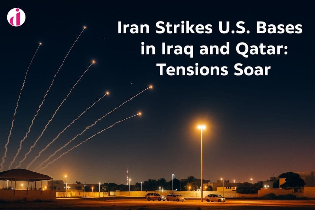 Multiple missiles streak across the night sky above a Gulf city, targeting U.S. military bases in Iraq and Qatar.